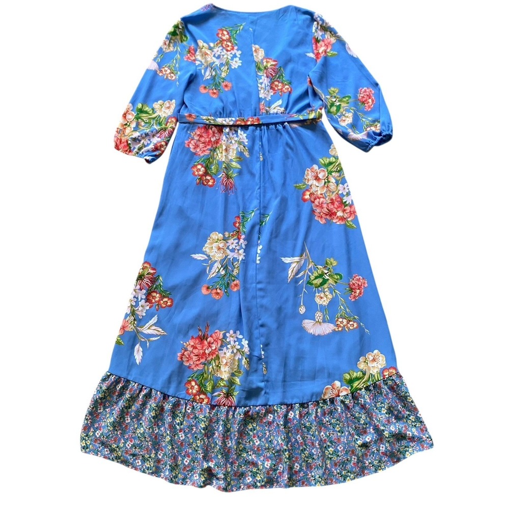 Wrap High Low Floral Dress Size L Blue Ruffled Romantic Cottage Feminine - Picture 3 of 12